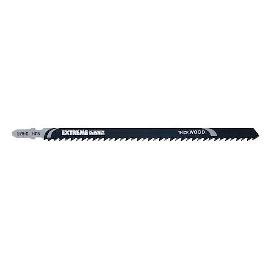 DEWALT DT2167 jigsaw blade for thick wood, black with sharp teeth, labeled Extreme and HCS.