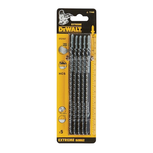 DEWALT DT2167 pack of 5 jigsaw blades for cutting thick wood, shown in yellow-black branded packaging.