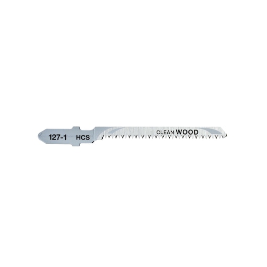 Metal jigsaw blade for clean wood cutting, labeled 127-1 HCS. Single blade isolated on white background.