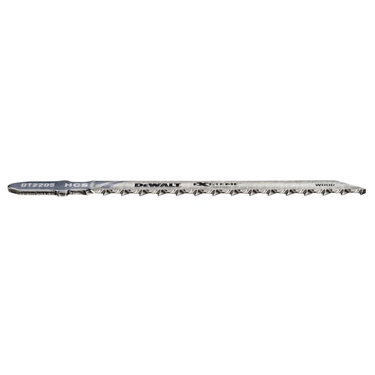 DEWALT DT2205 jigsaw blade for wood, metal blade with sharp teeth, shown on a white background.