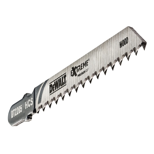 DEWALT DT2205 jigsaw blade for wood, with sharp teeth and precision cut marking.