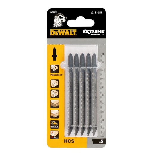 DEWALT DT2205 Extreme Precision Cut jigsaw blades, pack of 5, for wood cutting. Blades displayed in packaging.