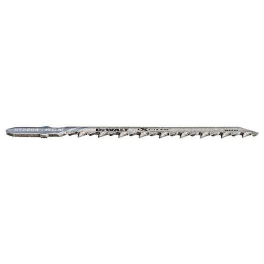 DEWALT DT2209 jigsaw blade for wood, showing sharp teeth and metal construction against a white background.
