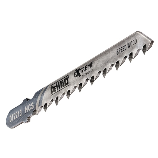 DEWALT DT2213 Extreme Precision Cut jigsaw blade for wood with sharp teeth and product markings.