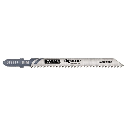 DEWALT DT2217 Extreme jigsaw blade for hard wood, silver color, labeled for precision cutting.