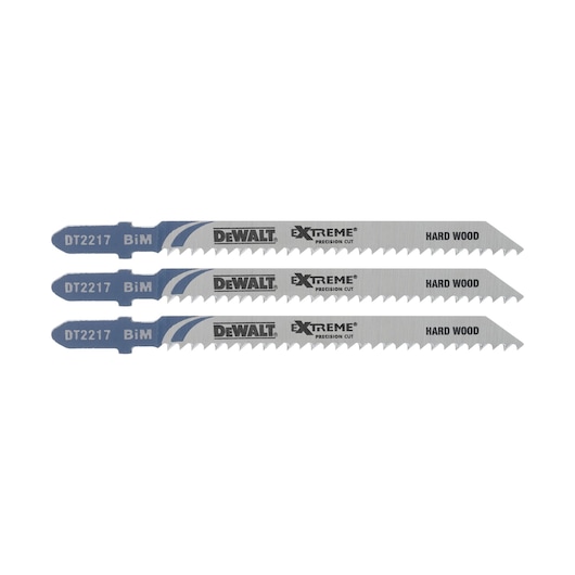 Three DEWALT DT2217 jigsaw blades for hard wood, featuring precision-cut teeth and BiM marking.