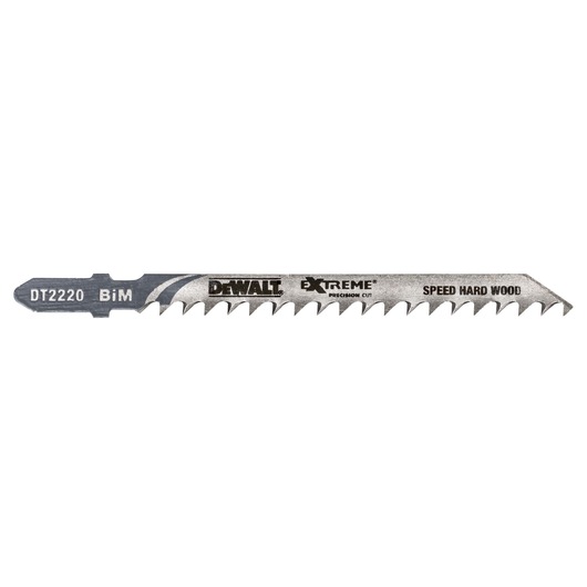 DEWALT DT2220 jigsaw blade for speed cutting in hard wood, labeled BiM Extreme Precision Cut.