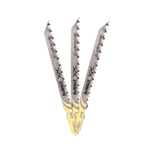 Three DEWALT jigsaw blades for aluminum, model DT2221, arranged in a fan shape on a white background.