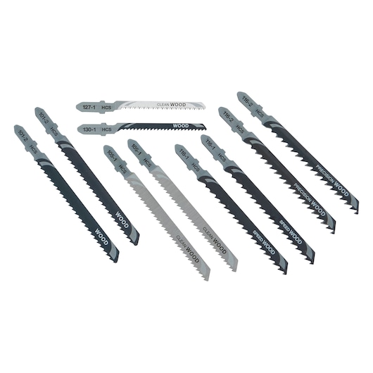 Set of ten DEWALT jigsaw blades for woodcutting displayed in rows on a white background.