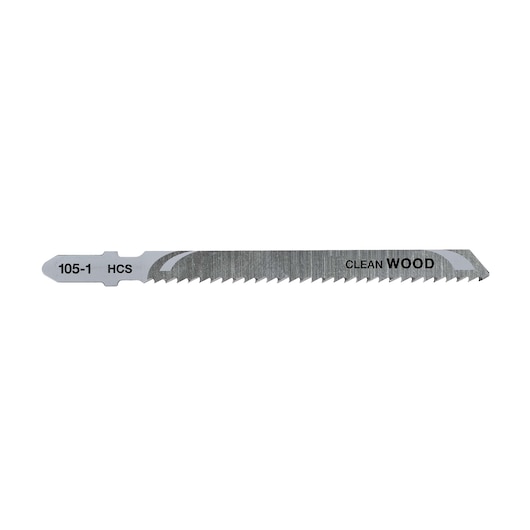 DEWALT DT2290 jigsaw blade for clean wood cuts, labeled HCS 105-1. Silver, straight, toothed cutting edge.