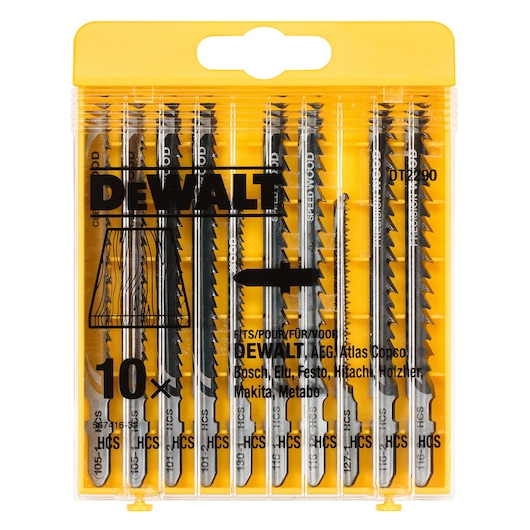 DEWALT DT2290 pack of 10 assorted jigsaw blades for wood, in a yellow plastic case.