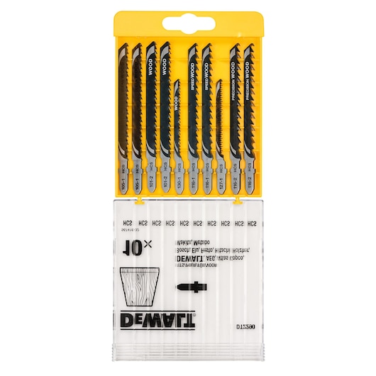 DEWALT DT2290 10-piece wood jigsaw blade set in a yellow and clear plastic case, blades visible.