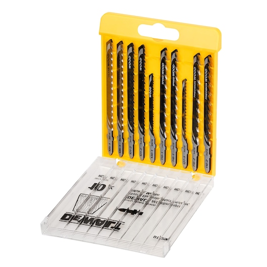 DEWALT jigsaw blade set in a yellow plastic case, showing multiple blades arranged upright for wood cutting.