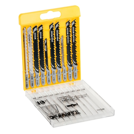 DEWALT DT2290 jigsaw blade set for wood, shown in a yellow and clear plastic case with multiple blade types.