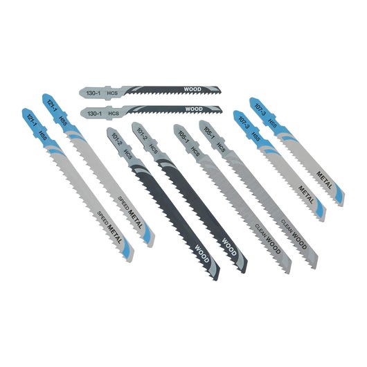 A set of assorted DEWALT jigsaw blades arranged on a white background, designed for cutting wood and metal. The blades feature various shapes and teeth patterns for different cutting applications.