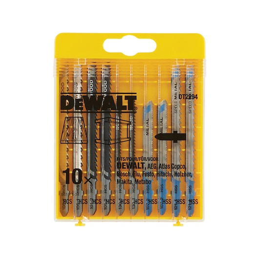 DEWALT DT2294 yellow pack with 10 jigsaw blades for wood and metal, visible through clear plastic.