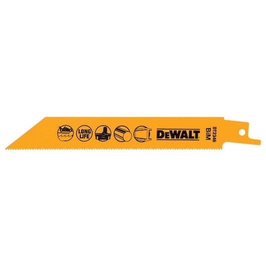 Yellow DEWALT DT2346 saw blade with icons and text, suitable for cutting metal, BIM construction.