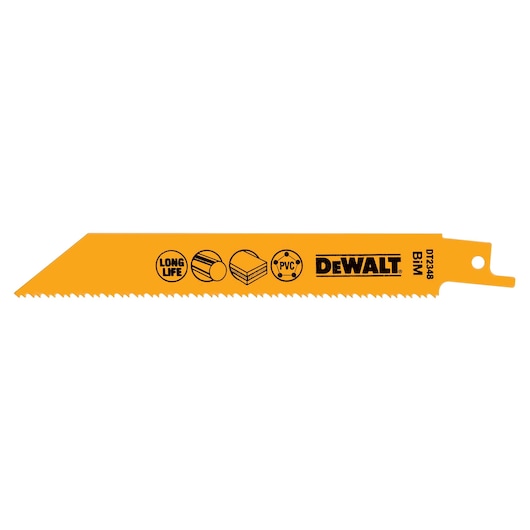 DEWALT DT2348 saw blade, yellow, for wood and PVC cutting, with icons for durability and material compatibility.