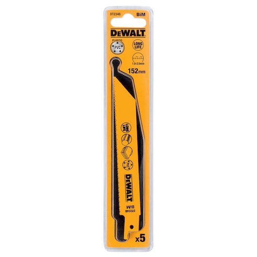 DEWALT DT2348 sabre saw blade pack, 152mm, for plastic, PVC, long life, set of 5 blades, in yellow packaging.