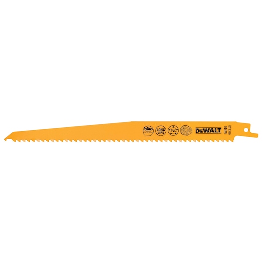 Yellow DEWALT DT2349 saw blade for cutting wood and PVC, with logos and product info printed on blade.