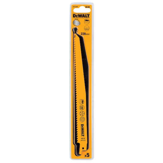 DEWALT DT2349 pack of 5 wood saw blades, 228mm, in yellow and black plastic packaging.