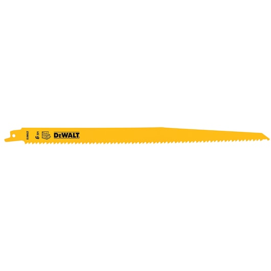 DEWALT DT2350 yellow reciprocating saw blade with sharp teeth, suitable for cutting wood and other materials.