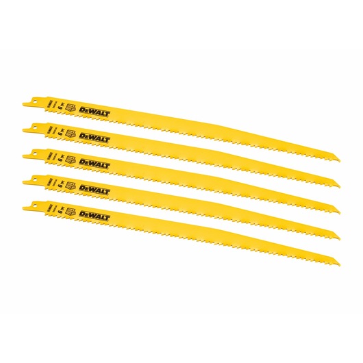 Five yellow DEWALT reciprocating saw blades displayed in a row, each with sharp teeth and branded labels.
