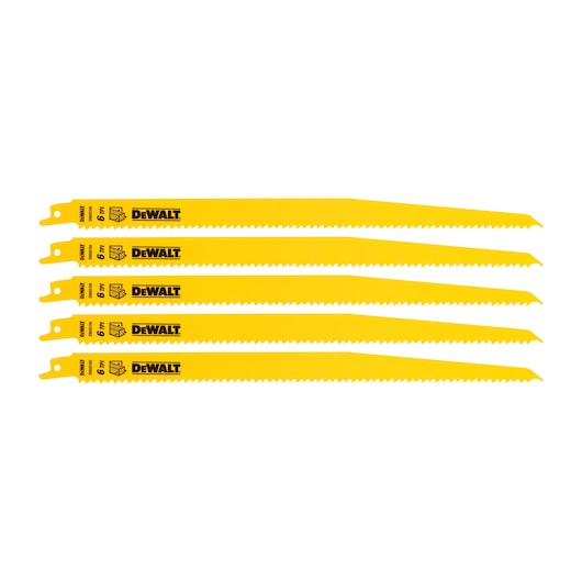 Set of five yellow DEWALT reciprocating saw blades, arranged in a row on a white background.