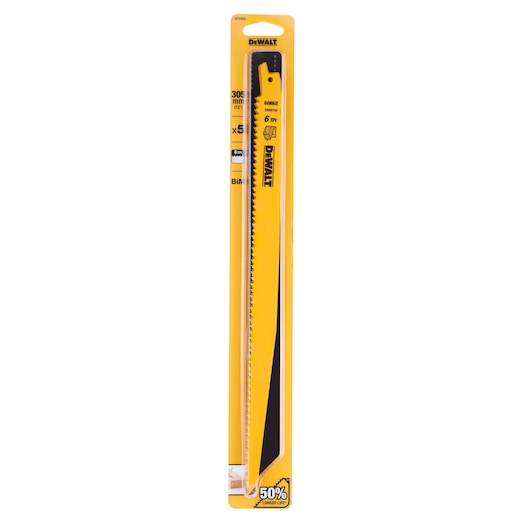 DEWALT DT2350 reciprocating saw blade in yellow packaging, 305mm length, suitable for wood and metal cutting.