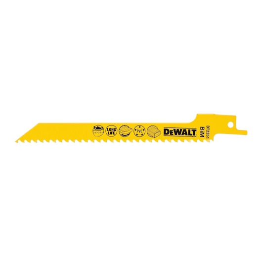 Yellow DEWALT DT2351 reciprocating saw blade for cutting wood and PVC, with icons and product info printed.