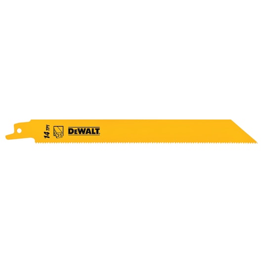 A yellow DEWALT reciprocating saw blade with 14 TPI (teeth per inch) printed on the side.