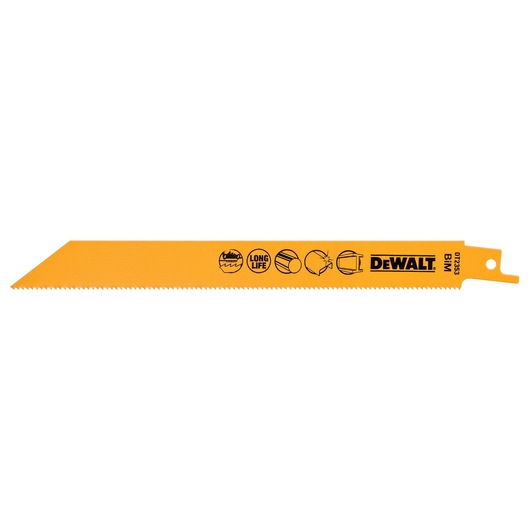 A DEWALT DT2353 reciprocating saw blade with a yellow body, serrated edge, and product markings printed on the blade.