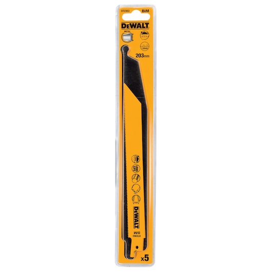 DEWALT DT2353 203mm metal saw blade pack in yellow blister packaging, contains 5 blades.
