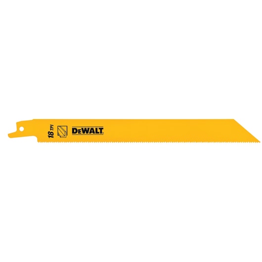 DEWALT yellow reciprocating saw blade with fine teeth, marked 18 TPI, for cutting metal or wood.