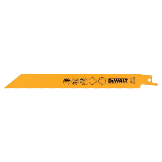Yellow DEWALT DT2354 reciprocating saw blade for cutting metal, with printed icons and text.