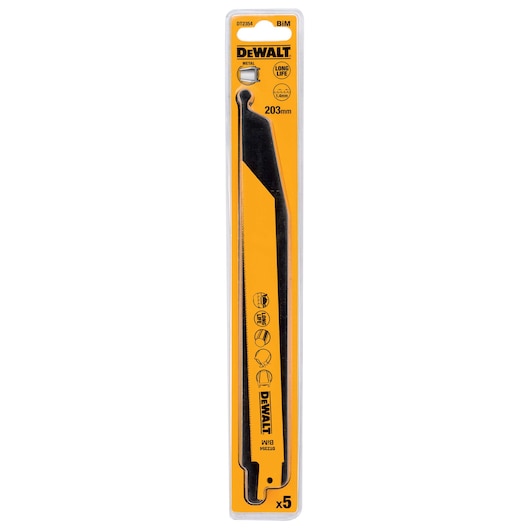 DEWALT DT2354 saw blade pack, 203mm, for metal cutting. Yellow and black packaging, contains 5 blades.