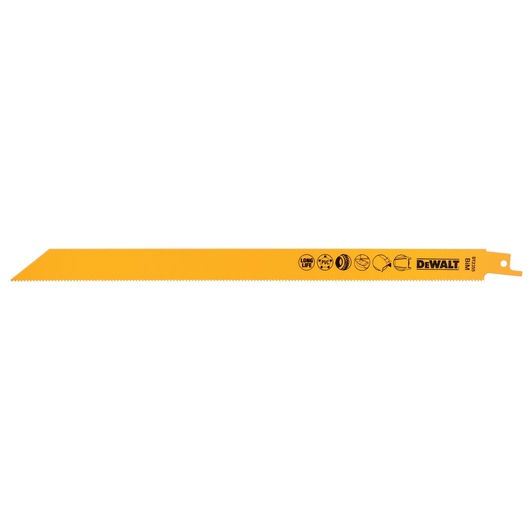DEWALT DT2355 yellow reciprocating saw blade with icons and brand logo on white background.