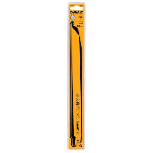 DEWALT DT2355 saw blade pack for cutting metal and PVC, 305mm length, yellow packaging.