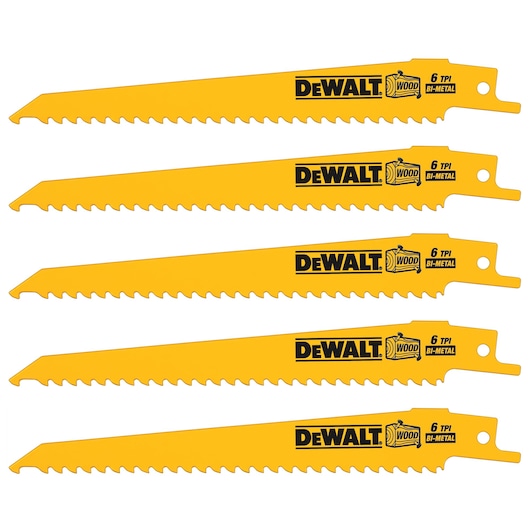 Five yellow DEWALT bi-metal reciprocating saw blades for wood, each labeled 6 TPI.