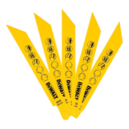 Five DEWALT yellow reciprocating saw blades with icons and logo, fanned out on a white background.