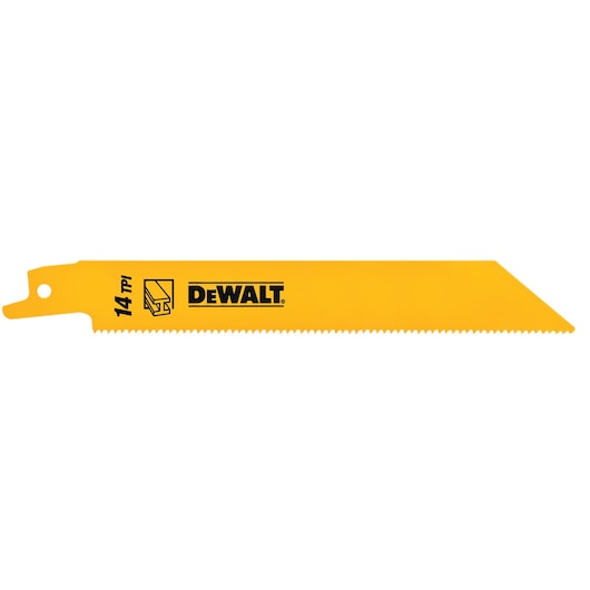 Yellow DEWALT saw blade with 14 TPI, suitable for cutting wood and metal materials.