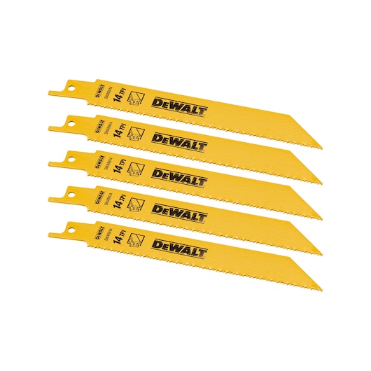 Five yellow DEWALT DT2361 reciprocating saw blades with pointed tips, labeled 14 TPI for cutting metal.