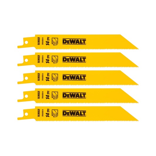 Five yellow DEWALT reciprocating saw blades 14 TPI with angled tips for metal cutting.