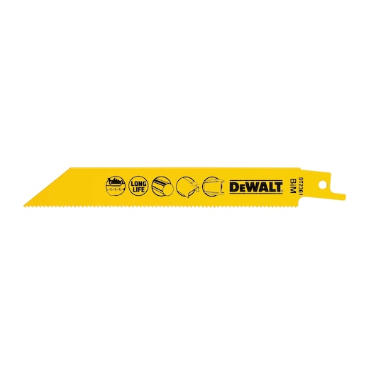 Yellow DEWALT DT2361 saw blade for cutting metal, featuring durability and material icons.