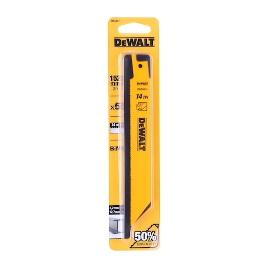 DEWALT DT2361 saw blade in yellow packaging, 152mm size, 14 TPI, suitable for metal cutting.