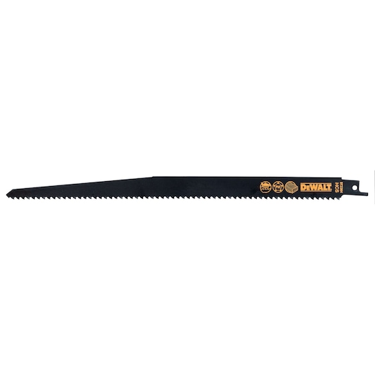 DEWALT DT2364 reciprocating saw blade for wood, black, with sharp teeth and logo on right end.