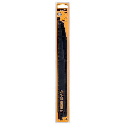 DEWALT DT2364 pack of 5 reciprocating saw blades, 305mm length, for wood cutting. Orange and black packaging.