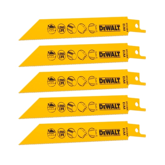 Set of four yellow DEWALT DT2384 reciprocating saw blades for cutting wood and metal.