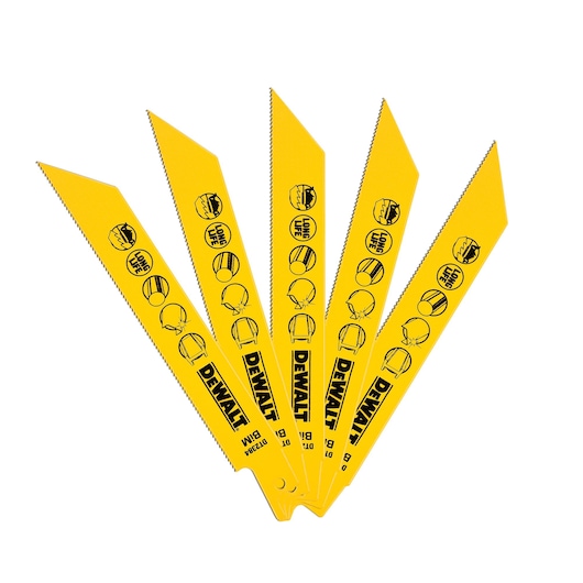 Five yellow DEWALT reciprocating saw blades fanned out, featuring black safety icons and logo.