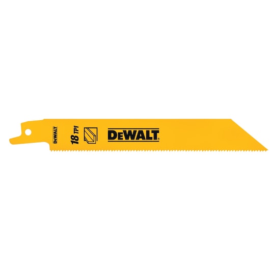 DEWALT yellow reciprocating saw blade with 18 TPI, shown on a white background.